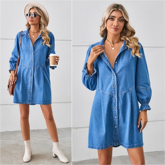 Flounce Dream Mini Denim Dress - Light Blue - Picture 3 of 5